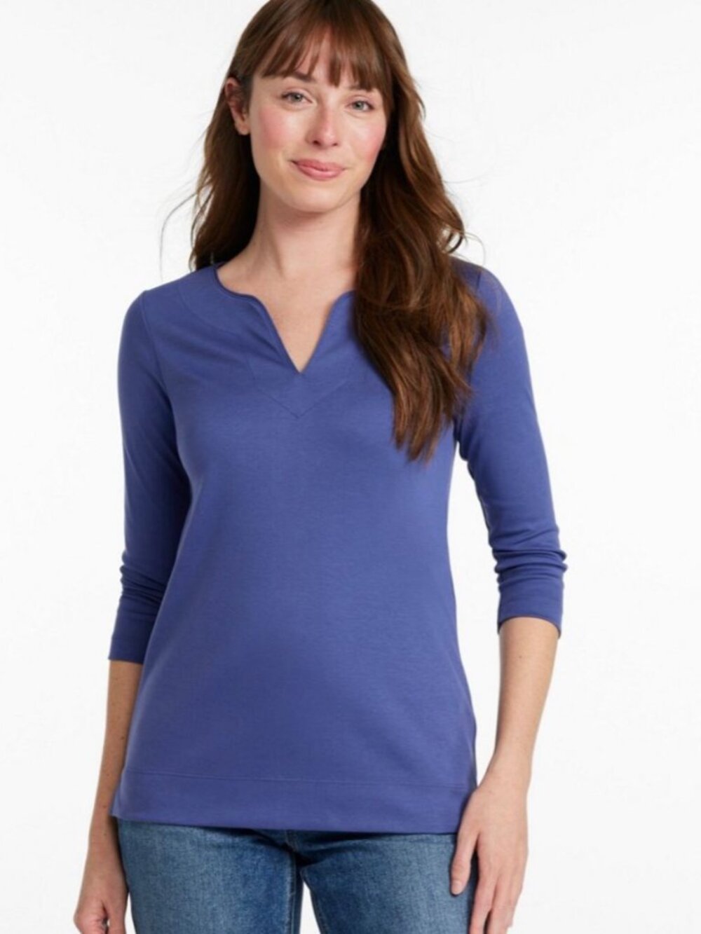 L.L. Bean 3/4 Sleeve Pima Cotton Split-Neck Top in Blue (M) EUC
